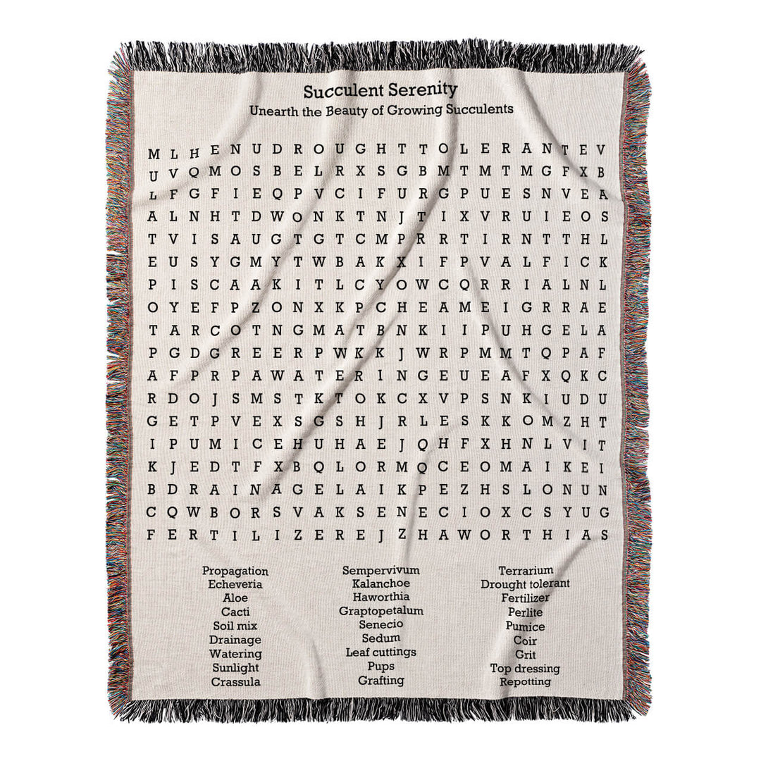 Succulent Serenity Word Search, 50x60 Woven Throw Blanket, Hidden#color-of-hidden-words_hidden