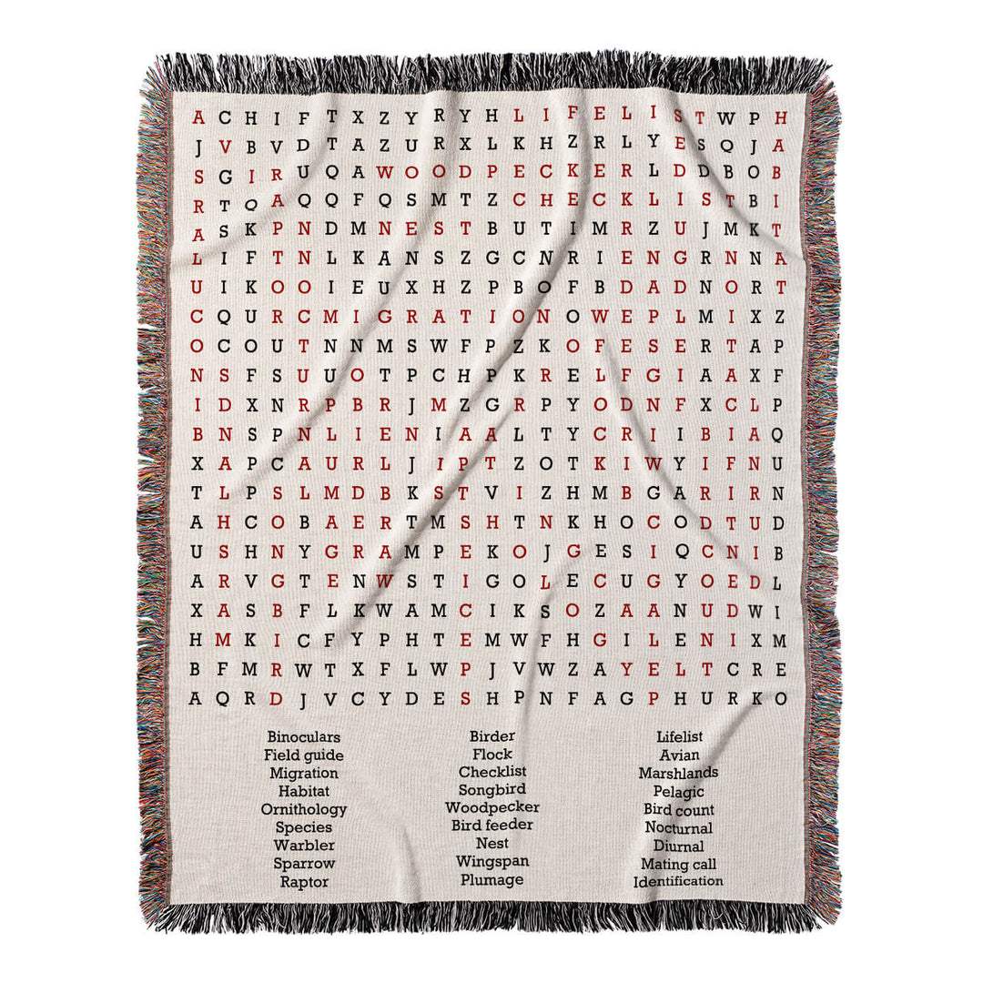 Feathered Friends Word Search, 50x60 Woven Throw Blanket, Red#color-of-hidden-words_red