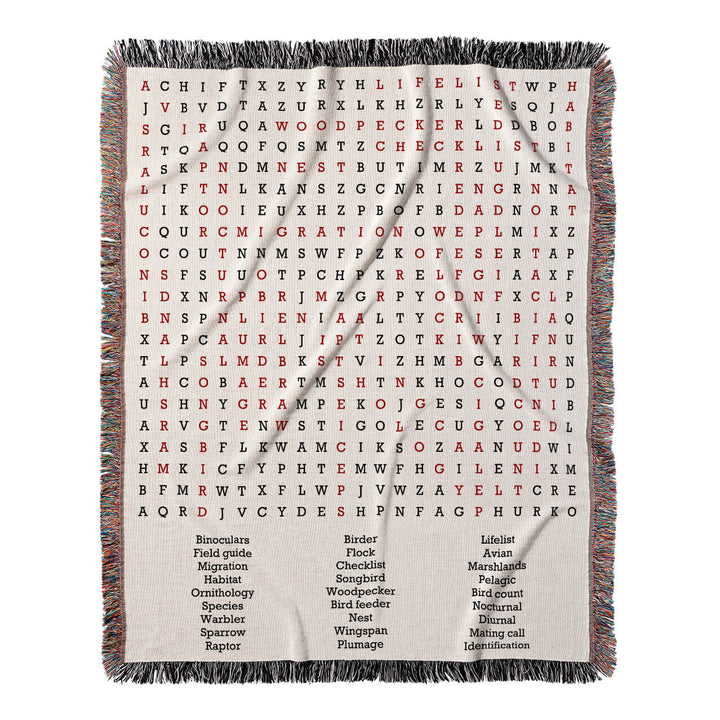 Feathered Friends Word Search, 50x60 Woven Throw Blanket, Red#color-of-hidden-words_red