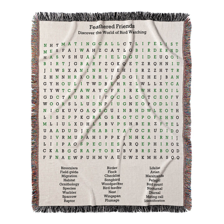 Feathered Friends Word Search, 50x60 Woven Throw Blanket, Green#color-of-hidden-words_green
