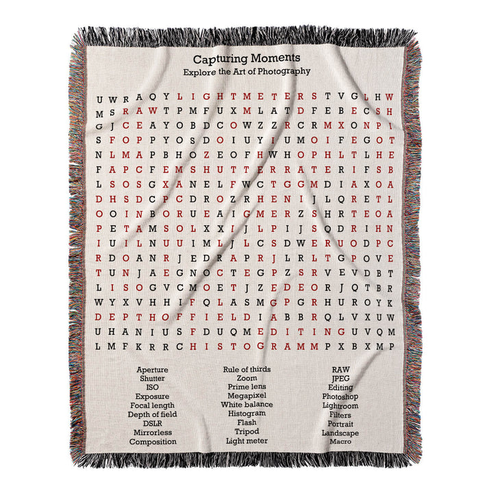 Capturing Moments Word Search, 50x60 Woven Throw Blanket, Red#color-of-hidden-words_red