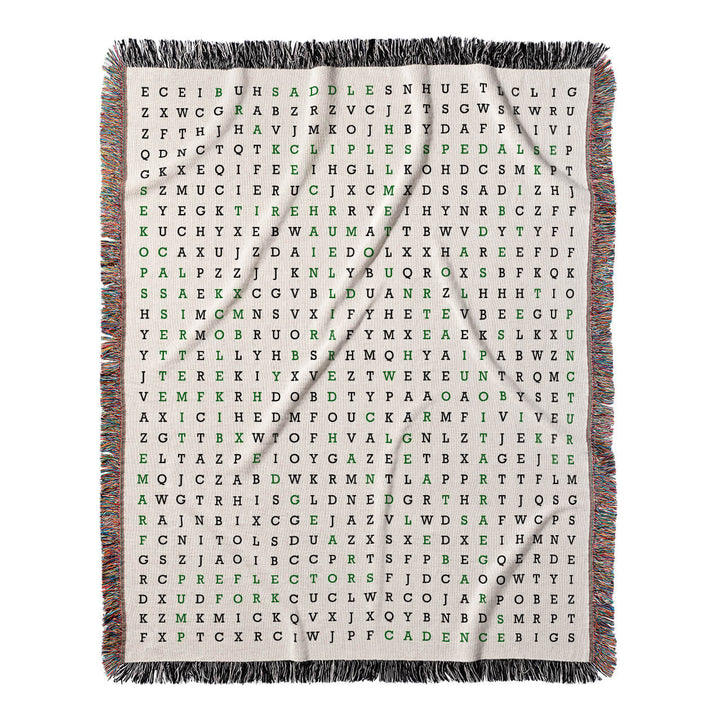 Pedal Adventures Word Search, 50x60 Woven Throw Blanket, Green#color-of-hidden-words_green