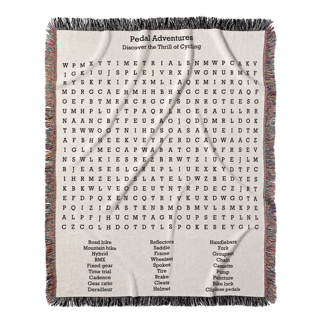 Pedal Adventures Word Search, 50x60 Woven Throw Blanket, Hidden#color-of-hidden-words_hidden