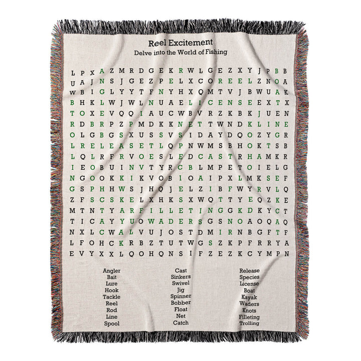 Reel Excitement Word Search, 50x60 Woven Throw Blanket, Green#color-of-hidden-words_green