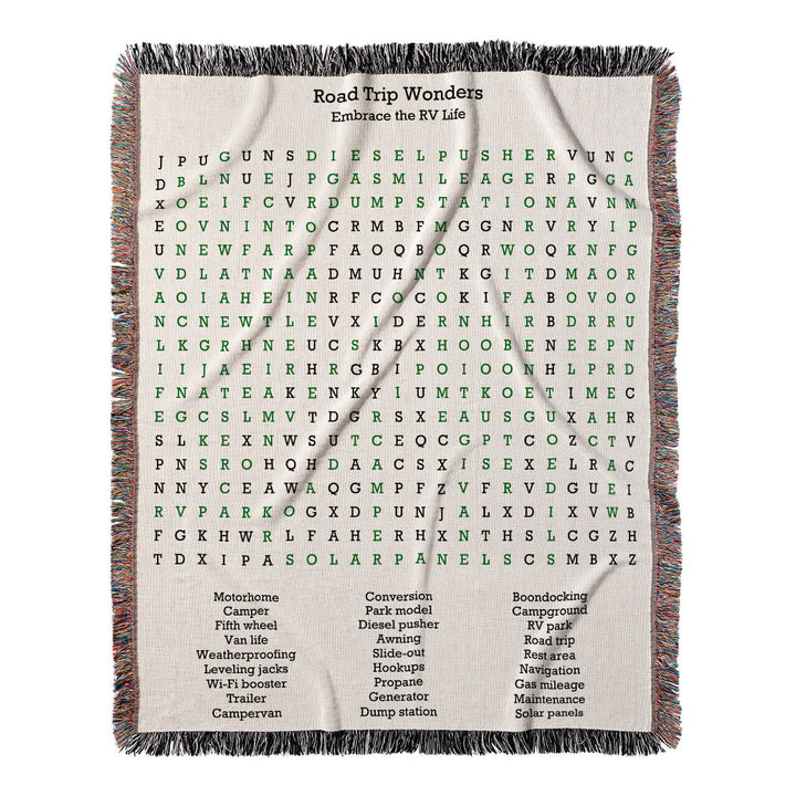 Road Trip Wonders Word Search, 50x60 Woven Throw Blanket, Green#color-of-hidden-words_green