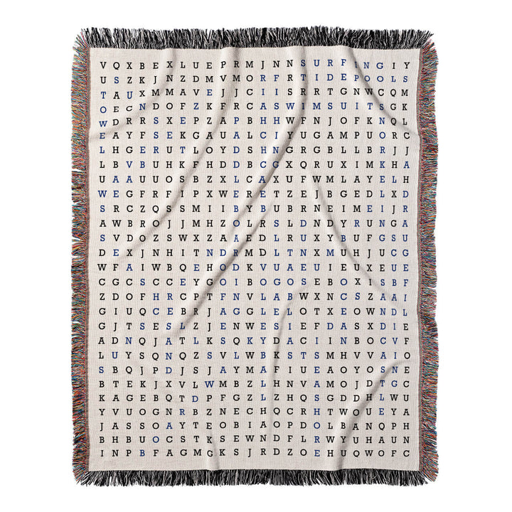Coastal Escapades Word Search, 50x60 Woven Throw Blanket, Blue#color-of-hidden-words_blue