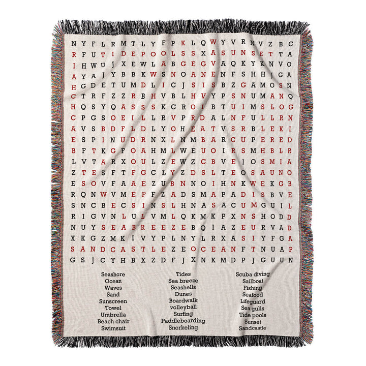 Coastal Escapades Word Search, 50x60 Woven Throw Blanket, Red#color-of-hidden-words_red