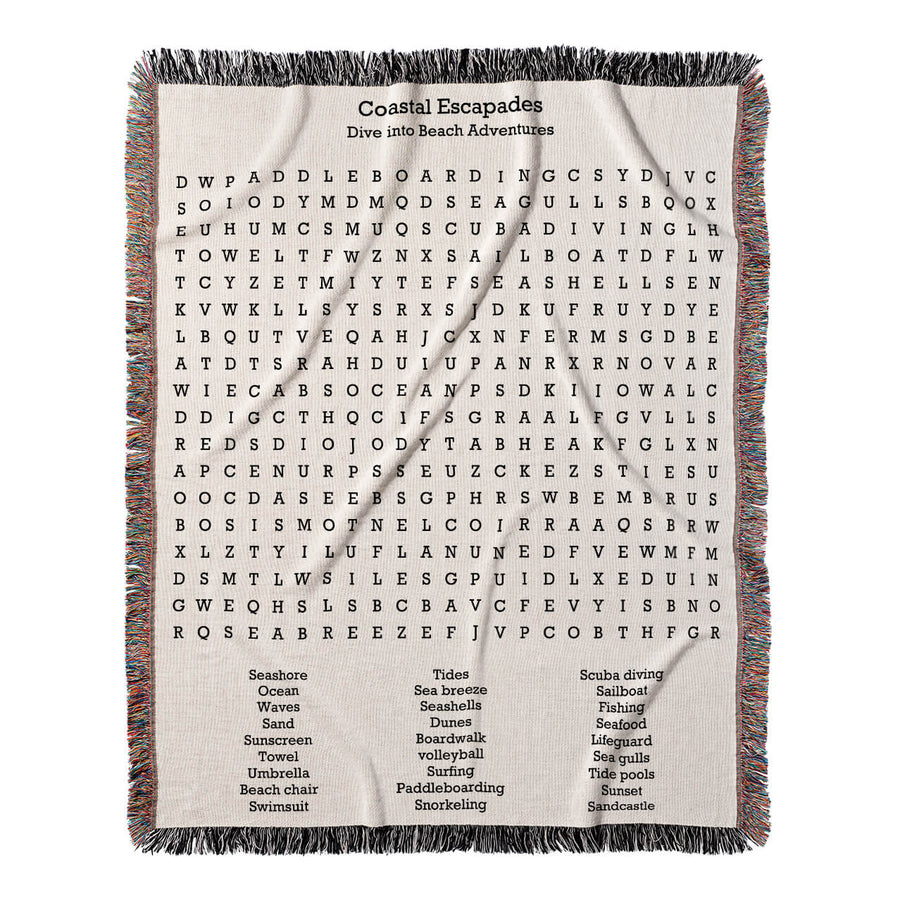 Coastal Escapades Word Search, 50x60 Woven Throw Blanket, Hidden#color-of-hidden-words_hidden