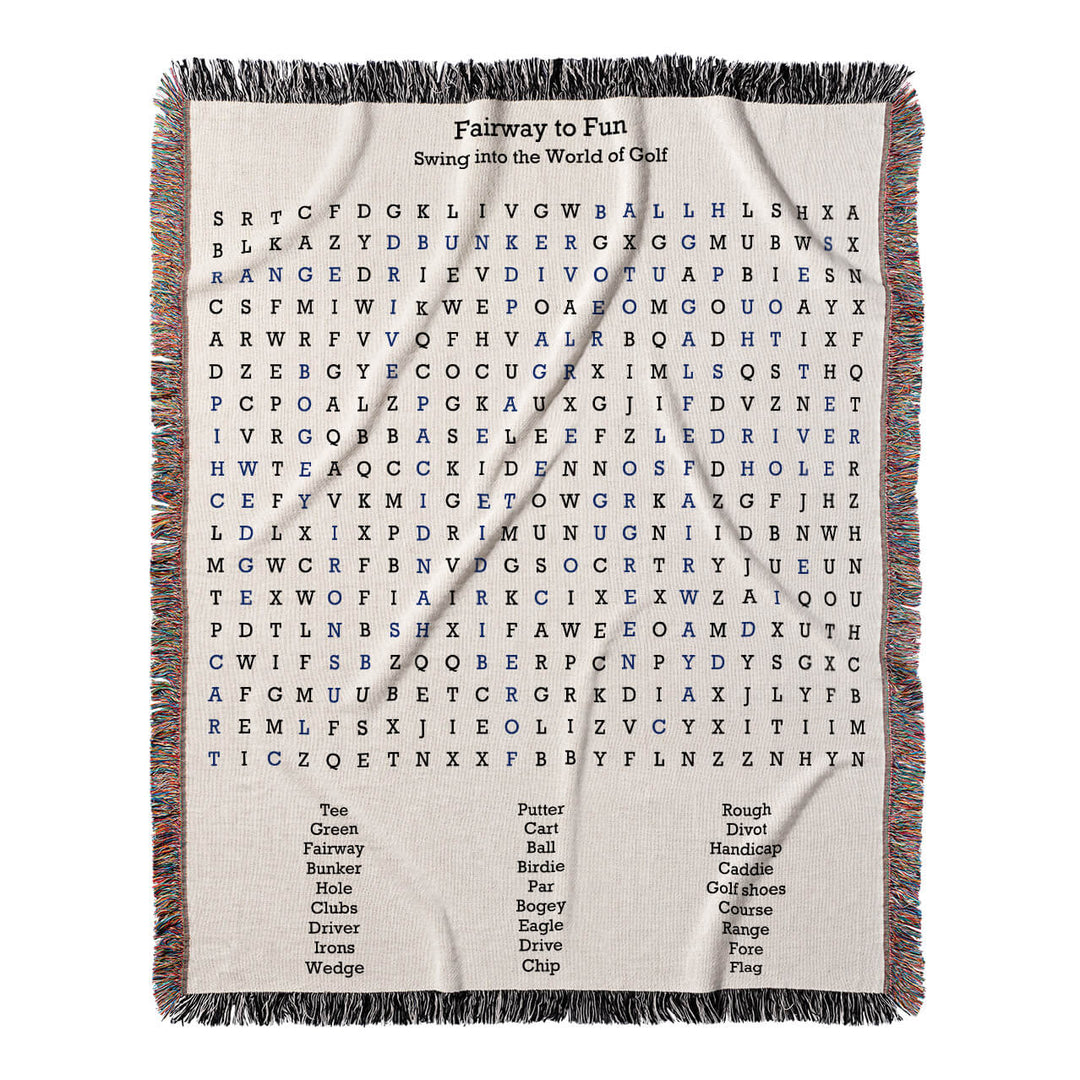 Fairway to Fun Word Search, 50x60 Woven Throw Blanket, Blue#color-of-hidden-words_blue