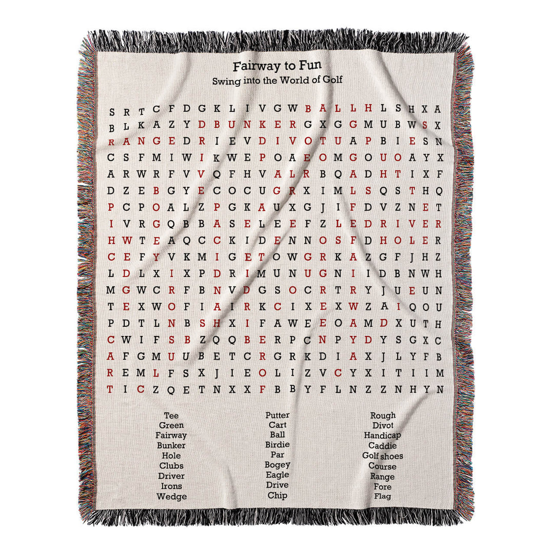 Fairway to Fun Word Search, 50x60 Woven Throw Blanket, Red#color-of-hidden-words_red