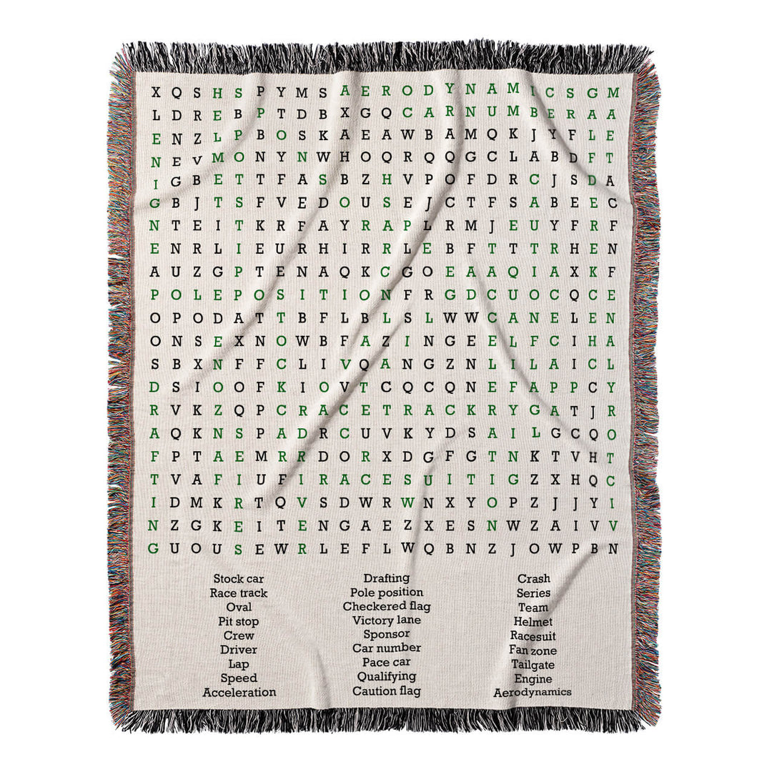 Trackside Tales Word Search, 50x60 Woven Throw Blanket, Green#color-of-hidden-words_green