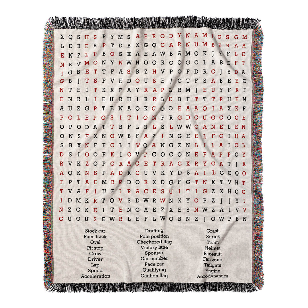Trackside Tales Word Search, 50x60 Woven Throw Blanket, Red#color-of-hidden-words_red