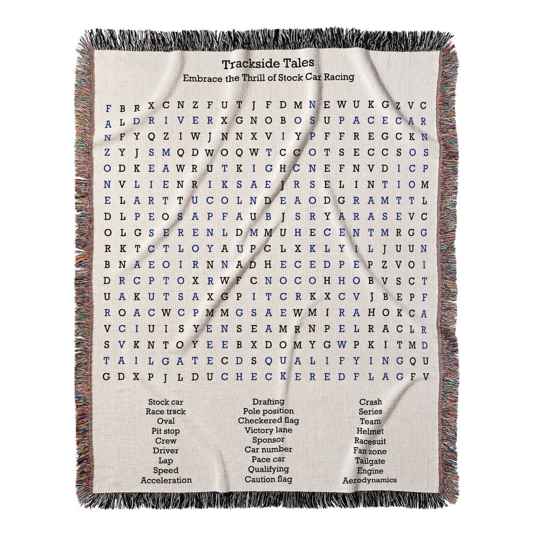 Trackside Tales Word Search, 50x60 Woven Throw Blanket, Blue#color-of-hidden-words_blue