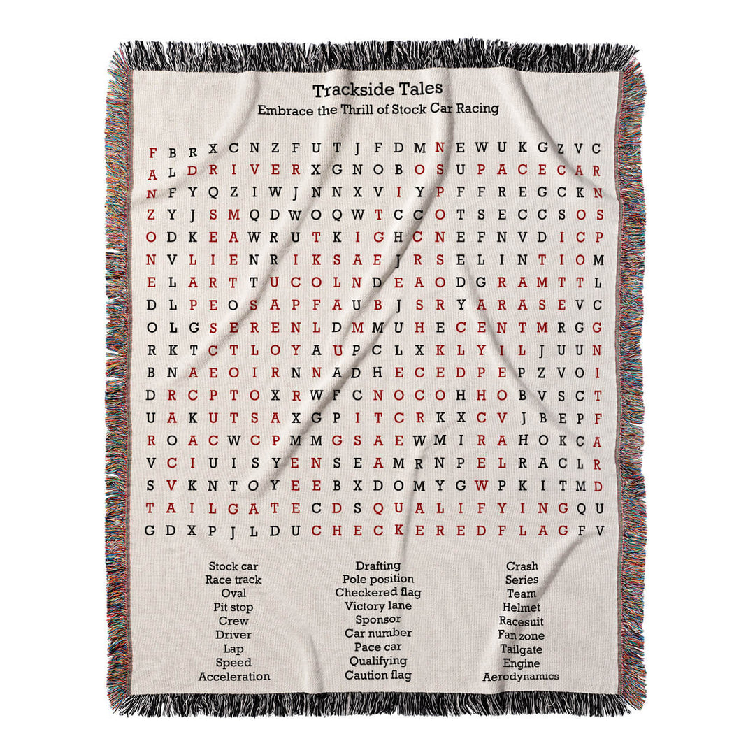 Trackside Tales Word Search, 50x60 Woven Throw Blanket, Red#color-of-hidden-words_red