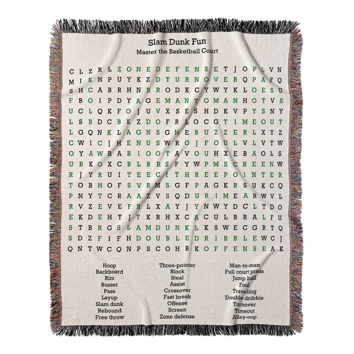 Slam Dunk Fun Word Search, 50x60 Woven Throw Blanket, Green#color-of-hidden-words_green