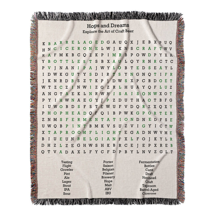 Hops and Dreams Word Search, 50x60 Woven Throw Blanket, Green#color-of-hidden-words_green