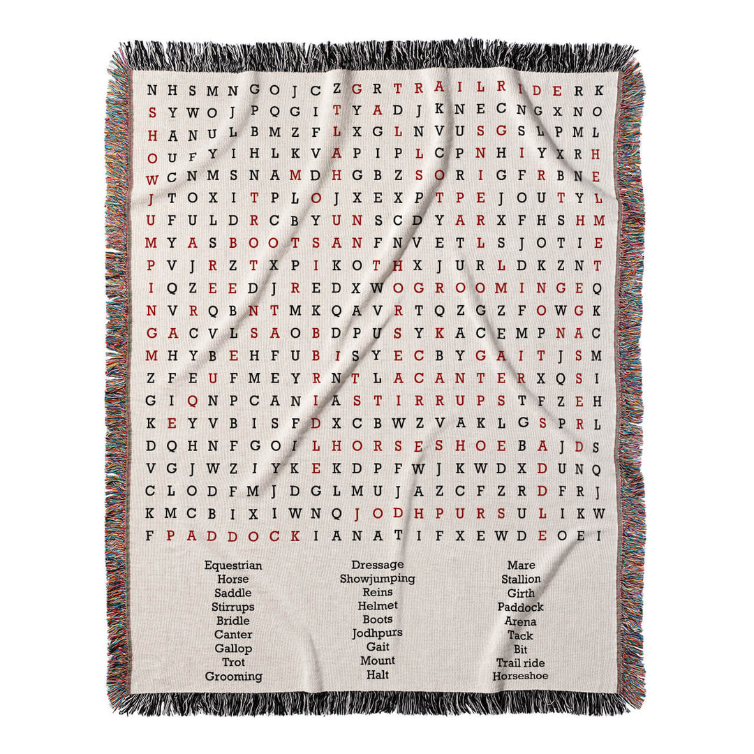 Galloping Adventures Word Search, 50x60 Woven Throw Blanket, Red#color-of-hidden-words_red