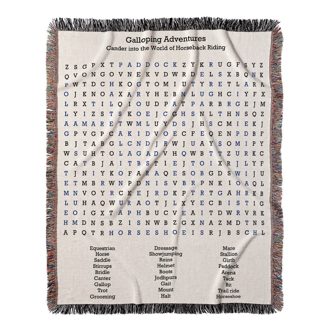 Galloping Adventures Word Search, 50x60 Woven Throw Blanket, Blue#color-of-hidden-words_blue