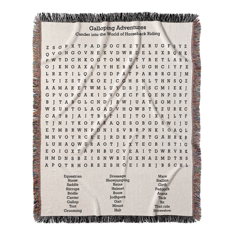 Galloping Adventures Word Search, 50x60 Woven Throw Blanket, Hidden#color-of-hidden-words_hidden