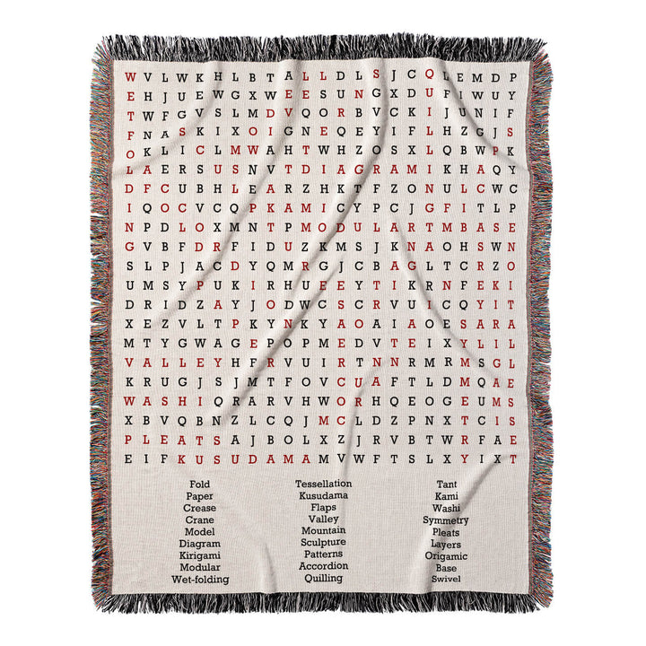 Folding Masterpieces Word Search, 50x60 Woven Throw Blanket, Red#color-of-hidden-words_red