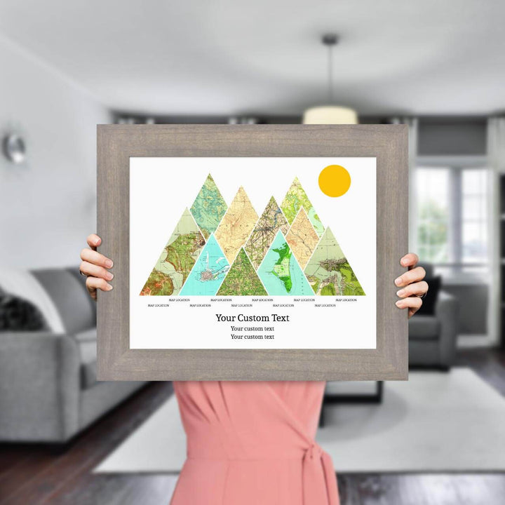 Personalized Mountain Atlas Map with 10 Locations, Gray Wide Framed Art Print, Styled#color-finish_gray-wide-frame
