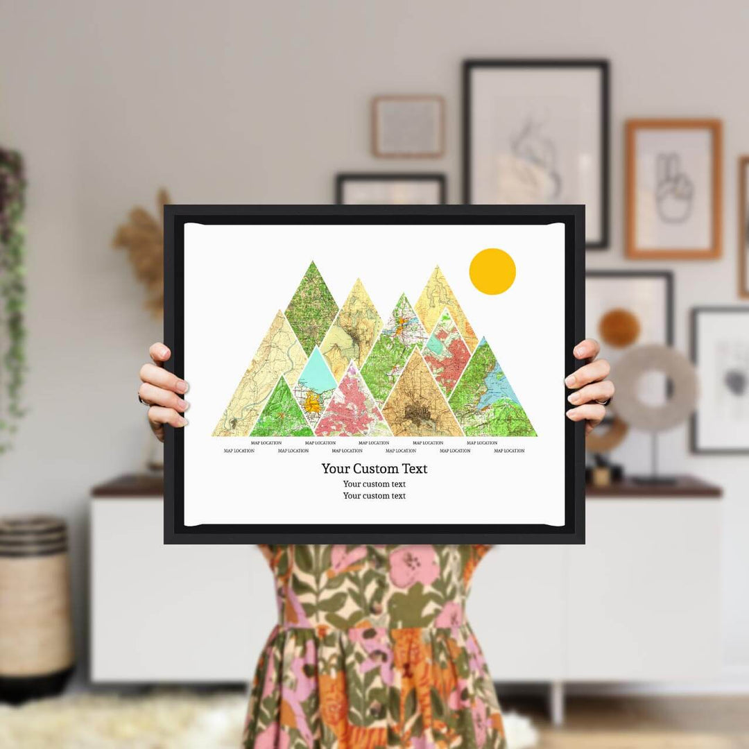 Personalized Mountain Atlas Map with 11 Locations, Black Floater Framed Art Print, Styled#color-finish_black-floater-frame