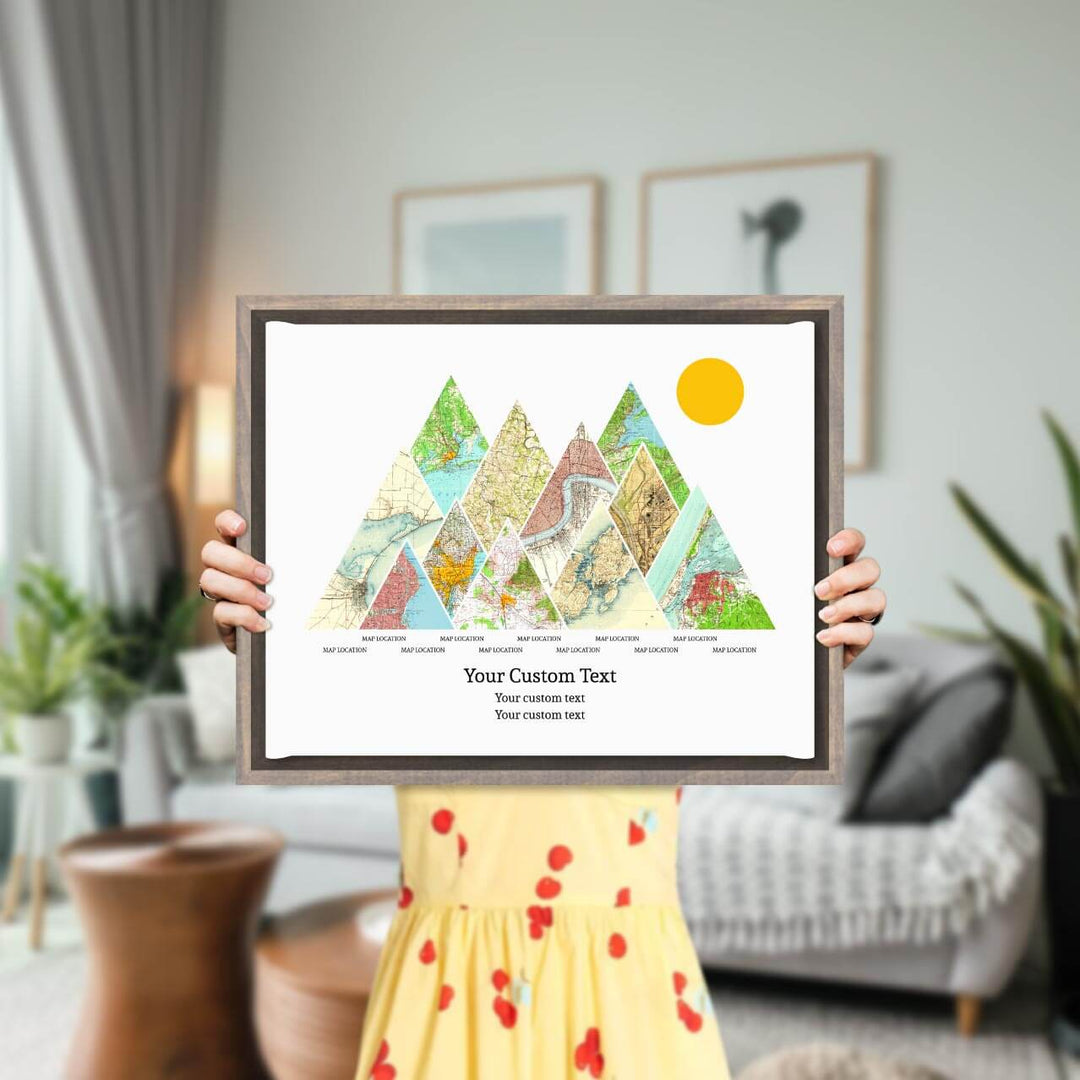 Personalized Mountain Atlas Map with 11 Locations, Gray Floater Framed Art Print, Styled#color-finish_gray-floater-frame