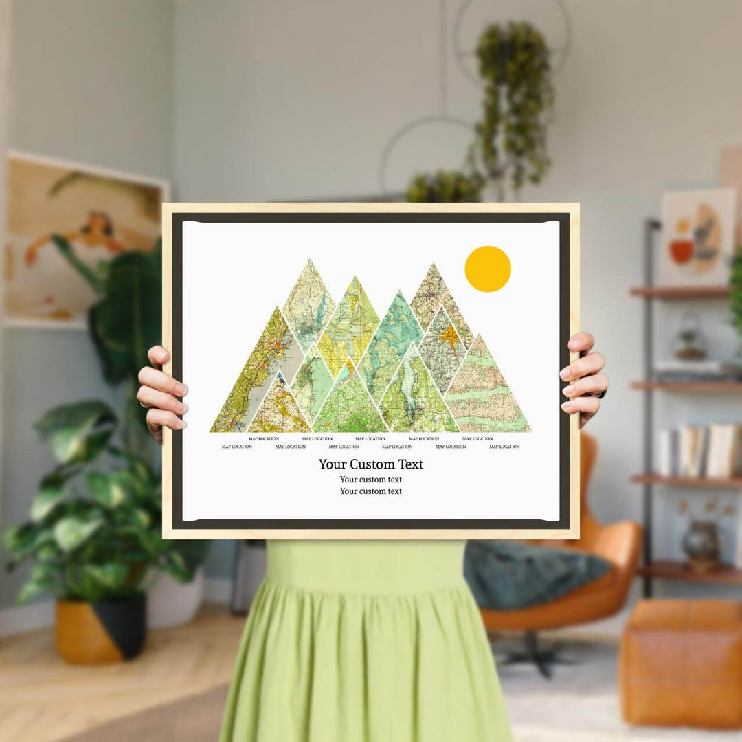 Personalized Mountain Atlas Map with 11 Locations, Light Wood Floater Framed Art Print, Styled#color-finish_light-wood-floater-frame
