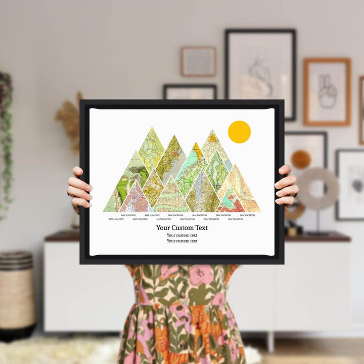 Personalized Mountain Atlas Map with 12 Locations, Black Floater Framed Art Print, Styled#color-finish_black-floater-frame