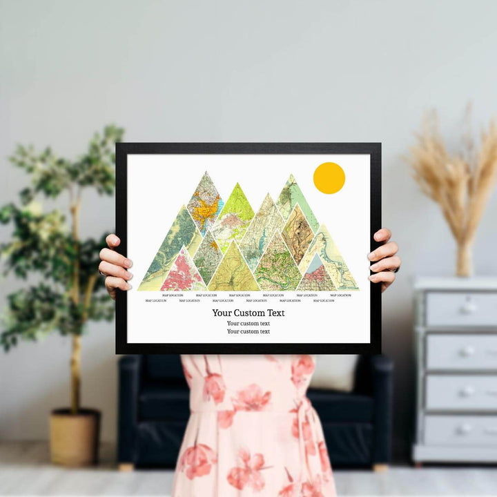 Personalized Mountain Atlas Map with 12 Locations, Black Thin Framed Art Print, Styled#color-finish_black-thin-frame