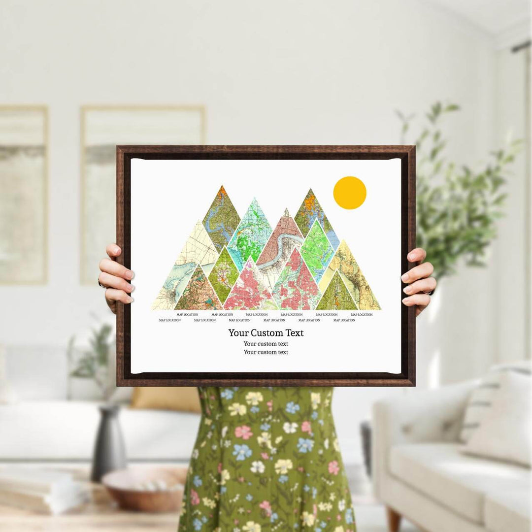 Personalized Mountain Atlas Map with 12 Locations, Espresso Floater Framed Art Print, Styled#color-finish_espresso-floater-frame