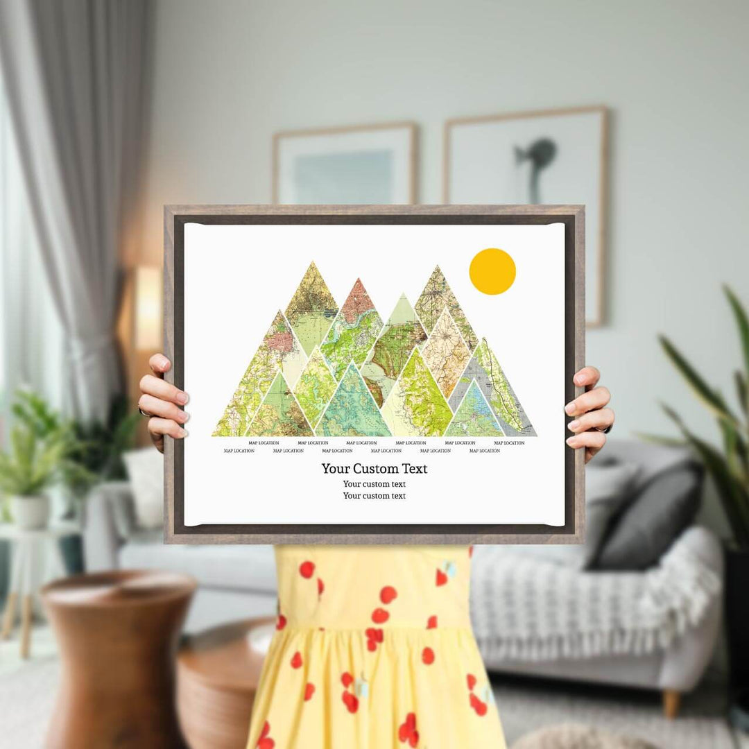 Personalized Mountain Atlas Map with 12 Locations, Gray Floater Framed Art Print, Styled#color-finish_gray-floater-frame