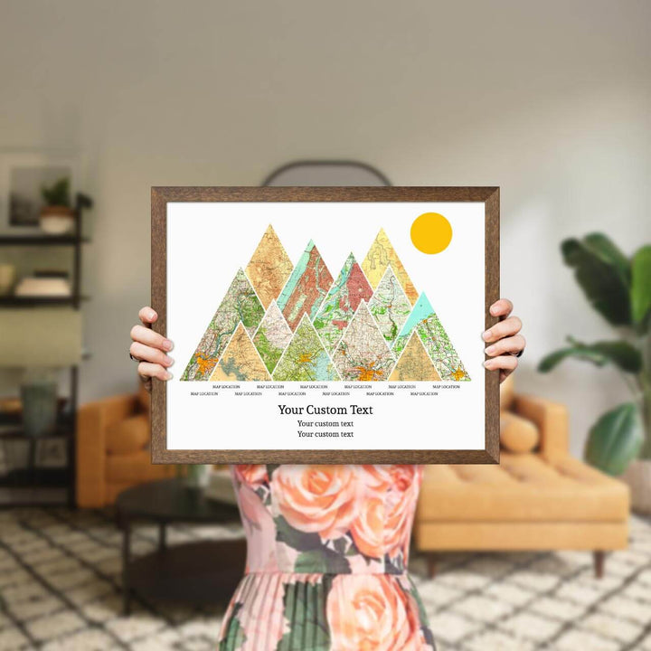 Personalized Mountain Atlas Map with 12 Locations, Walnut Thin Framed Art Print, Styled#color-finish_walnut-thin-frame
