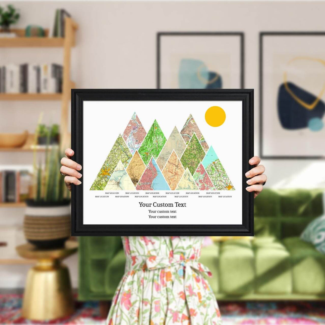 Personalized Mountain Atlas Map with 13 Locations, Black Beveled Framed Art Print, Styled#color-finish_black-beveled-frame