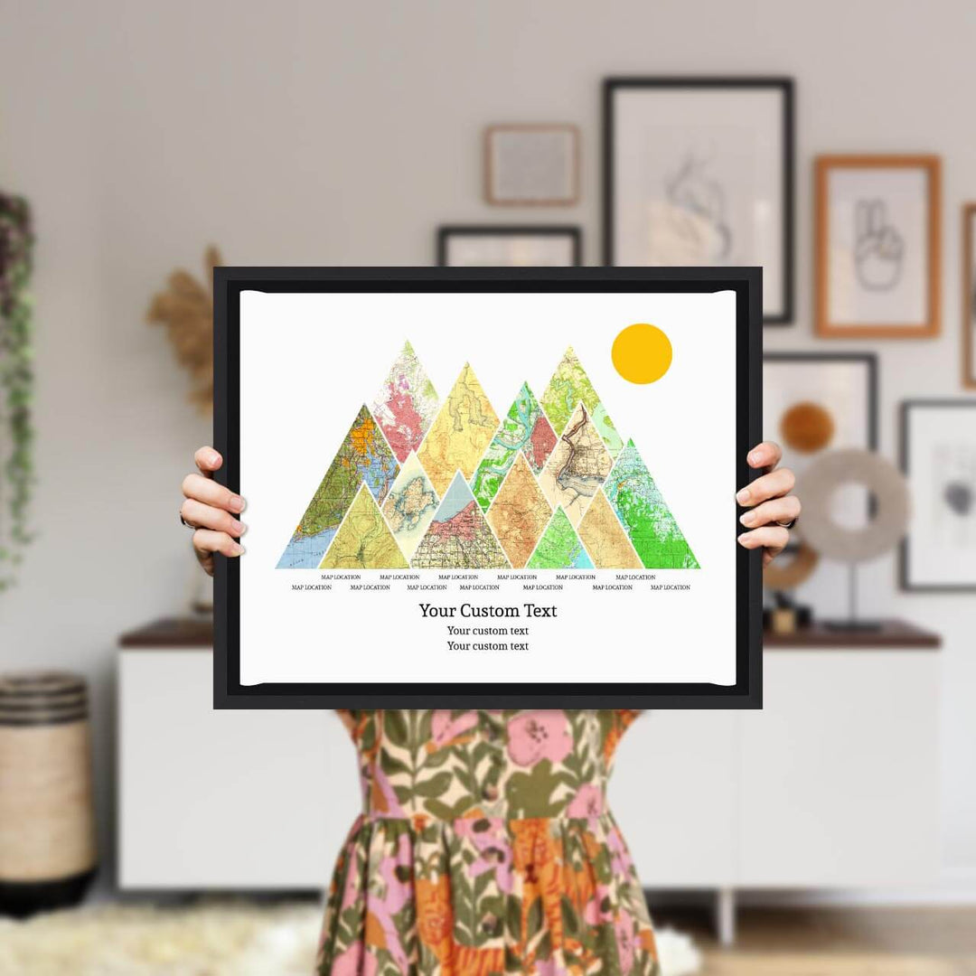 Personalized Mountain Atlas Map with 13 Locations, Black Floater Framed Art Print, Styled#color-finish_black-floater-frame