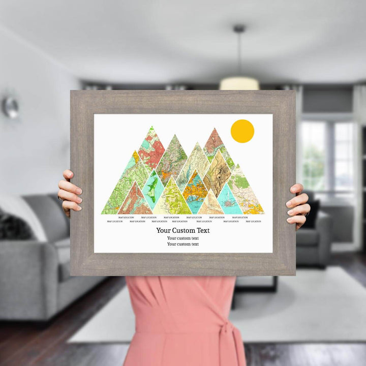 Personalized Mountain Atlas Map with 13 Locations, Gray Wide Framed Art Print, Styled#color-finish_gray-wide-frame