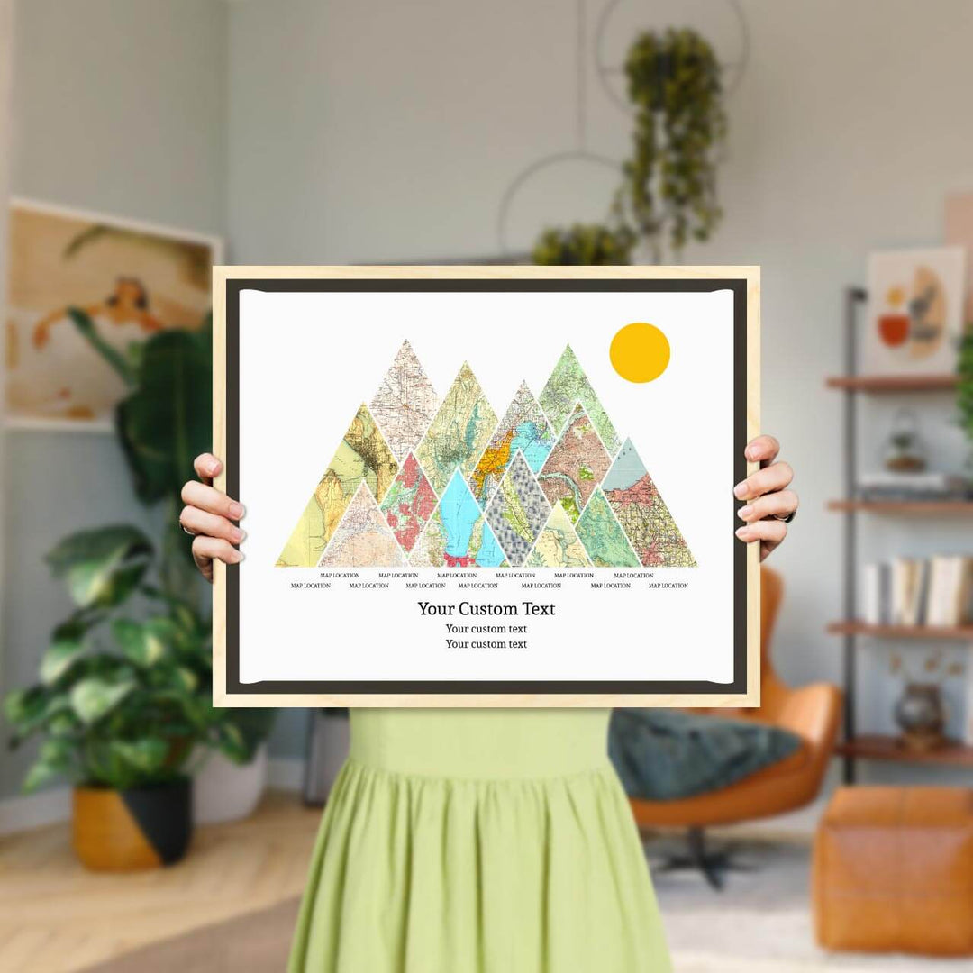 Personalized Mountain Atlas Map with 13 Locations, Light Wood Floater Framed Art Print, Styled#color-finish_light-wood-floater-frame