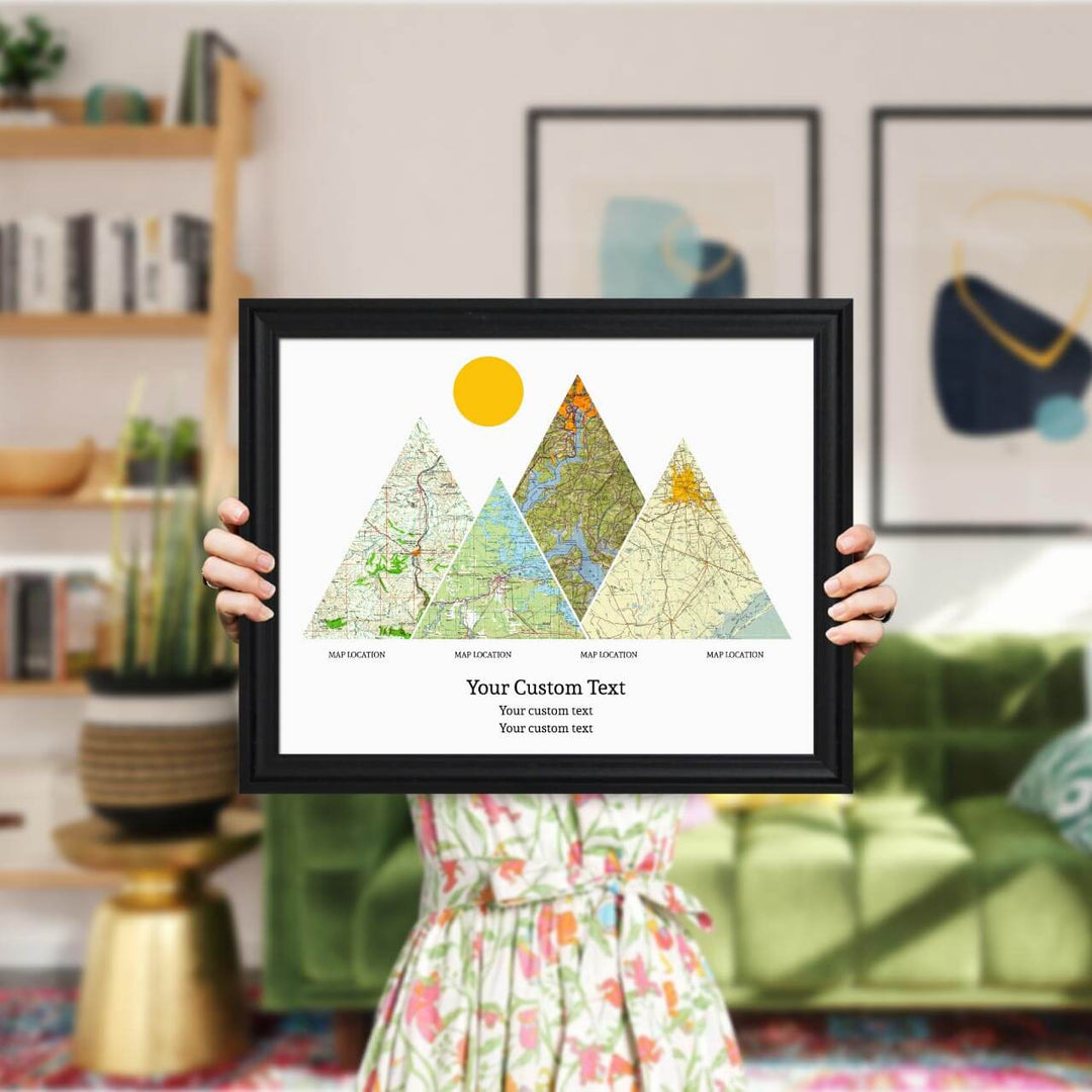 Personalized Mountain Atlas Map with 4 Locations, Black Beveled Framed Art Print, Styled#color-finish_black-beveled-frame