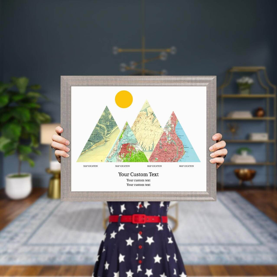 Personalized Mountain Atlas Map with 4 Locations, Gray Beveled Framed Art Print, Styled#color-finish_gray-beveled-frame