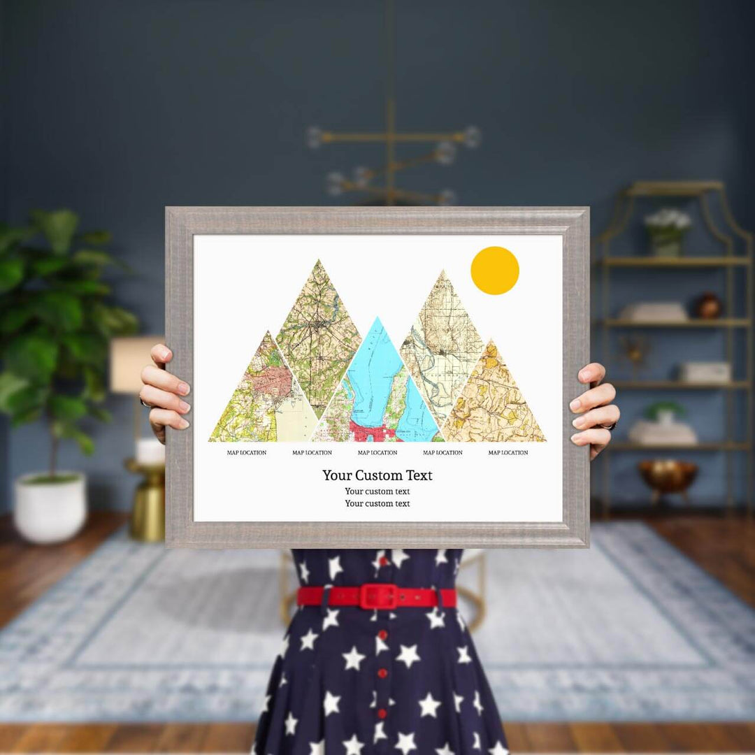 Personalized Mountain Atlas Map with 5 Locations, Gray Beveled Framed Art Print, Styled#color-finish_gray-beveled-frame