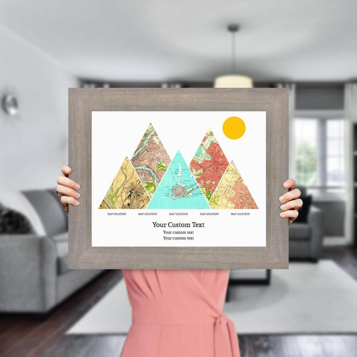 Personalized Mountain Atlas Map with 5 Locations, Gray Wide Framed Art Print, Styled#color-finish_gray-wide-frame