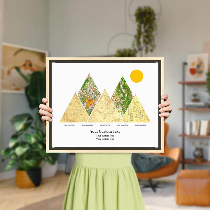 Personalized Mountain Atlas Map with 5 Locations, Light Wood Floater Framed Art Print, Styled#color-finish_light-wood-floater-frame