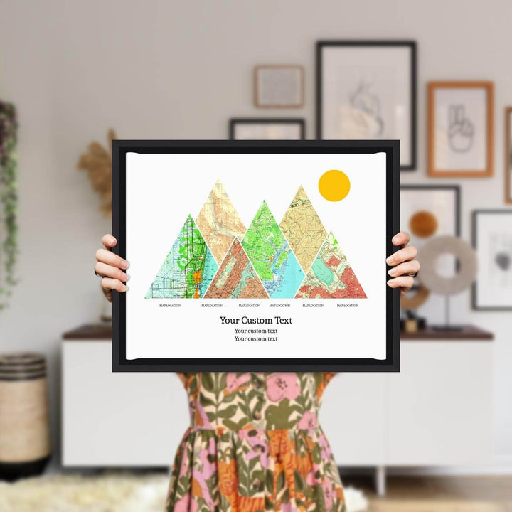 Personalized Mountain Atlas Map with 6 Locations, Black Floater Framed Art Print, Styled#color-finish_black-floater-frame