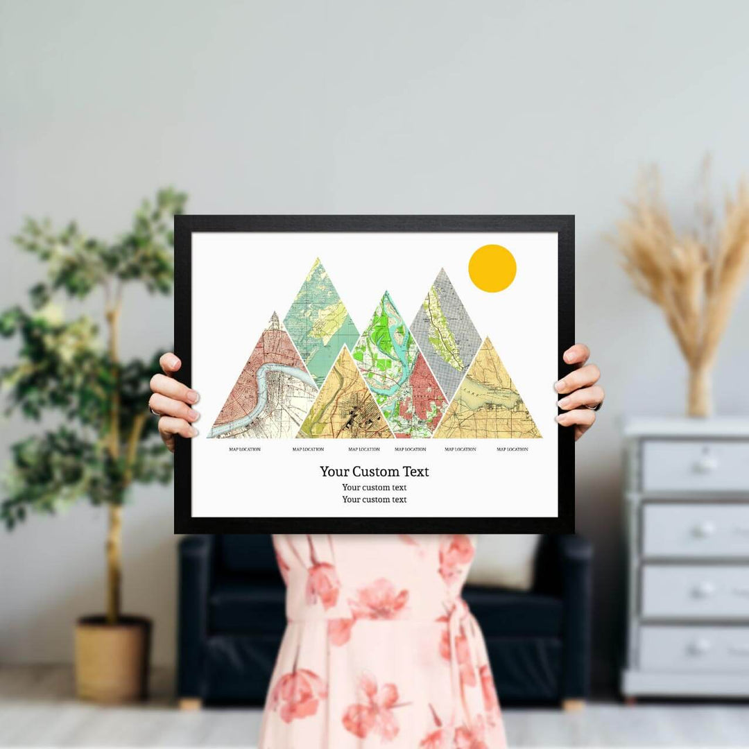 Personalized Mountain Atlas Map with 6 Locations, Black Thin Framed Art Print, Styled#color-finish_black-thin-frame