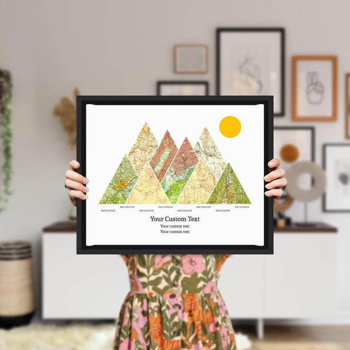 Personalized Mountain Atlas Map with 8 Locations, Black Floater Framed Art Print, Styled#color-finish_black-floater-frame