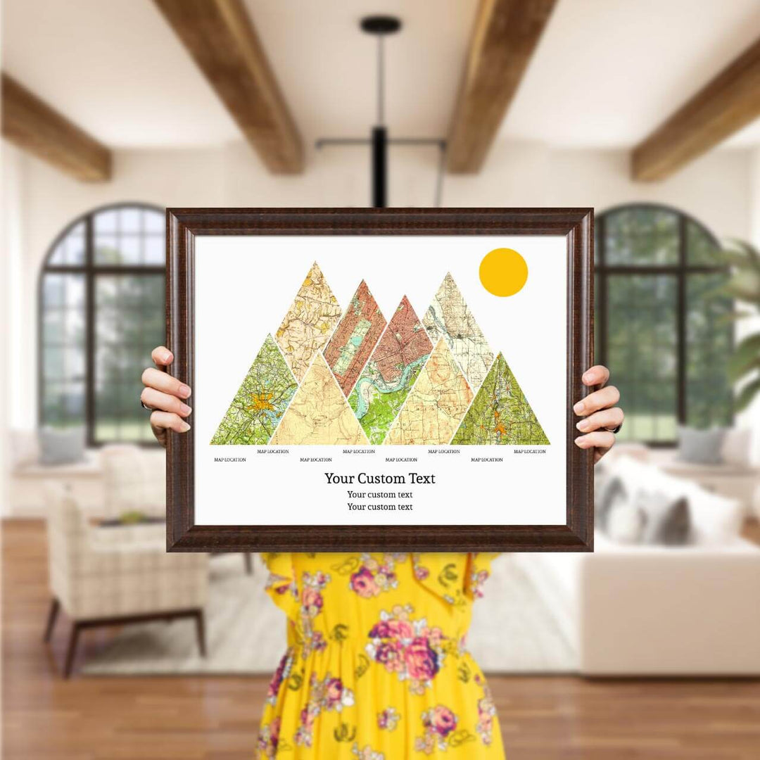Personalized Mountain Atlas Map with 8 Locations, Espresso Beveled Framed Art Print, Styled#color-finish_espresso-beveled-frame