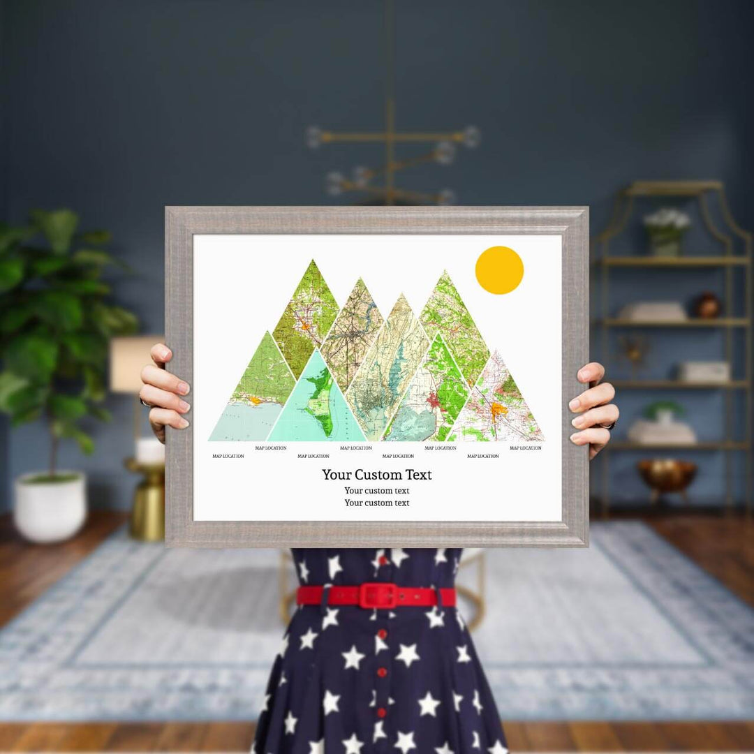 Personalized Mountain Atlas Map with 8 Locations, Gray Beveled Framed Art Print, Styled#color-finish_gray-beveled-frame