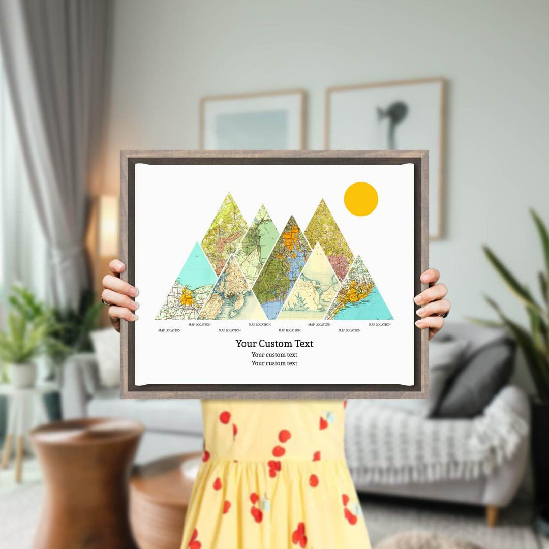 Personalized Mountain Atlas Map with 8 Locations, Gray Floater Framed Art Print, Styled#color-finish_gray-floater-frame
