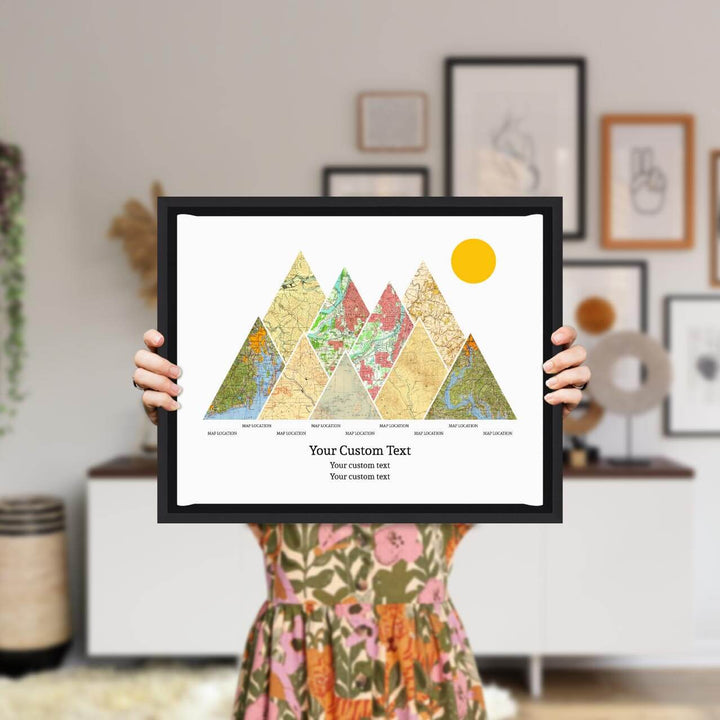 Personalized Mountain Atlas Map with 9 Locations, Black Floater Framed Art Print, Styled#color-finish_black-floater-frame