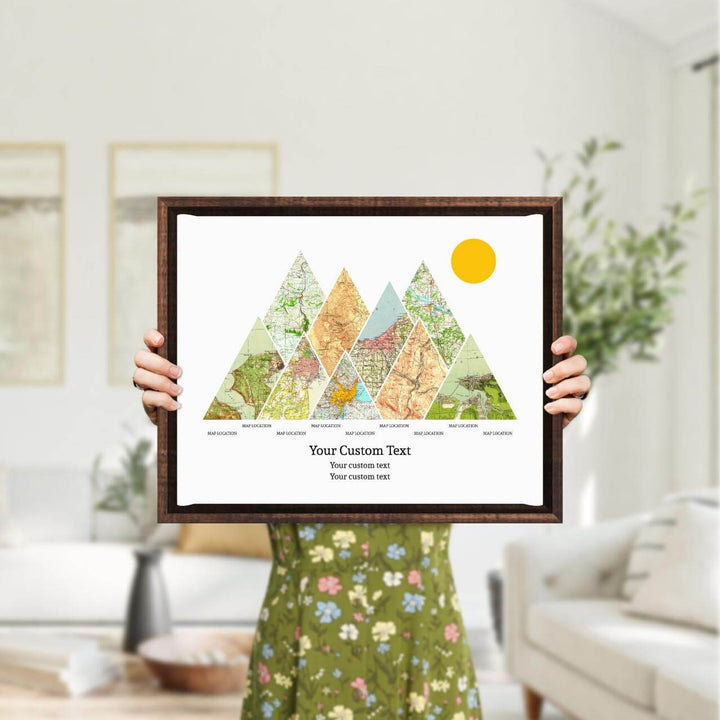 Personalized Mountain Atlas Map with 9 Locations, Espresso Floater Framed Art Print, Styled#color-finish_espresso-floater-frame